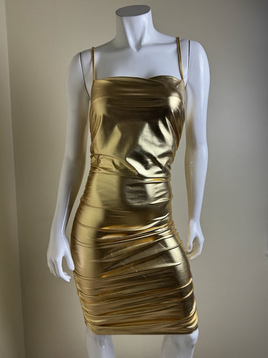 Women's Metallic Gold Mini  Bodycon Dress Sz M. (B.160)