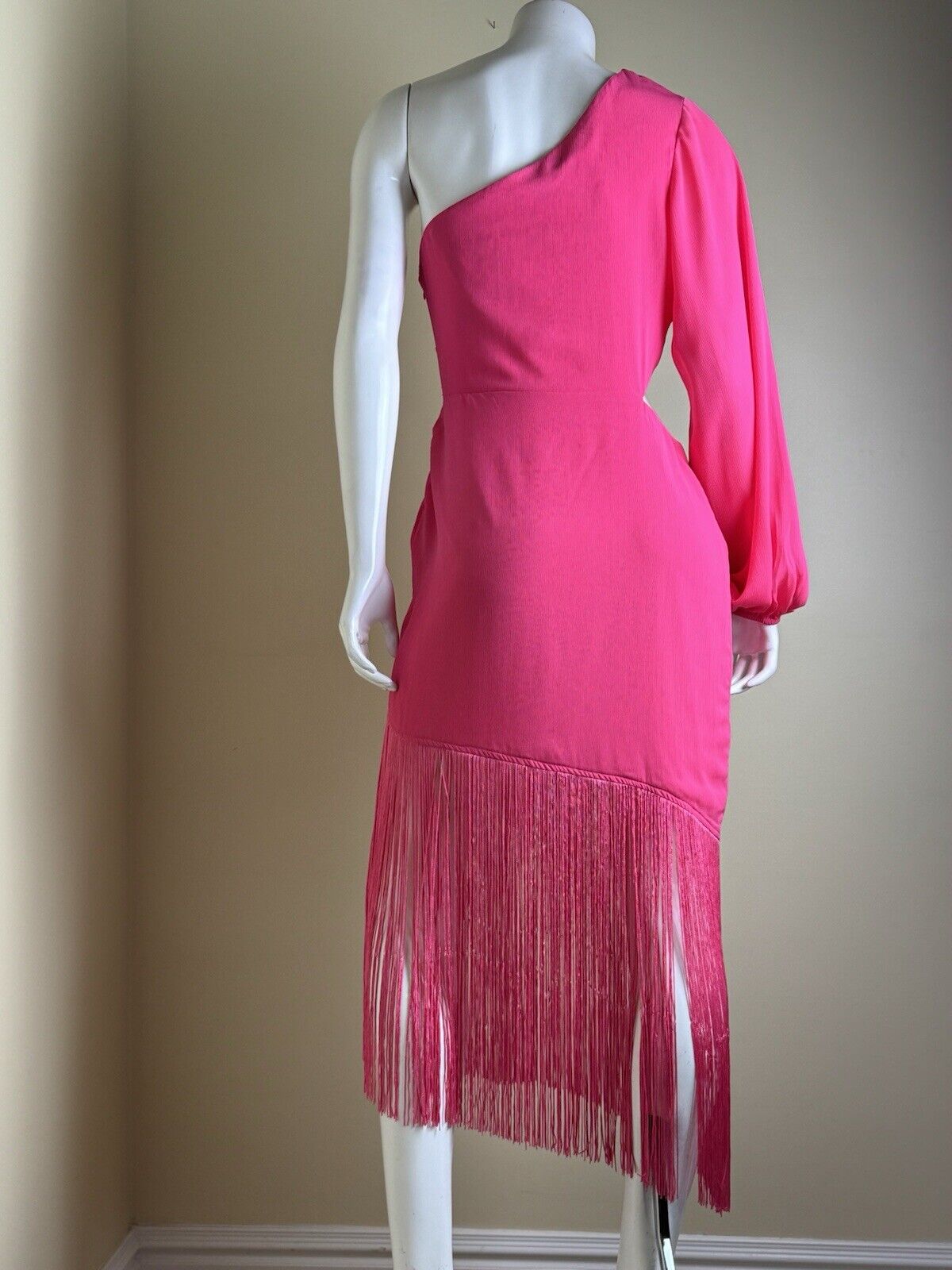 Vici Women’s One Shoulder Pink Dress w/Fringe Sz L.  (B.64)