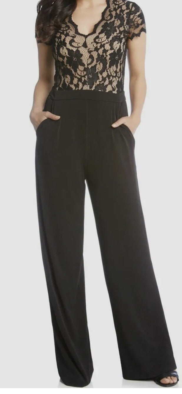 Karen Kane Women Black Stretch V-Neck Lace-Bodice Wide-Leg Jumpsuit Size S