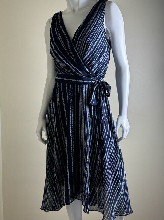 DKNY Navy Print Faux Wrap Chiffon Dress NWT Size 8. (11)