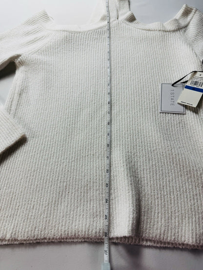 1.STATE white sweater laid flat with vertical measurement tape