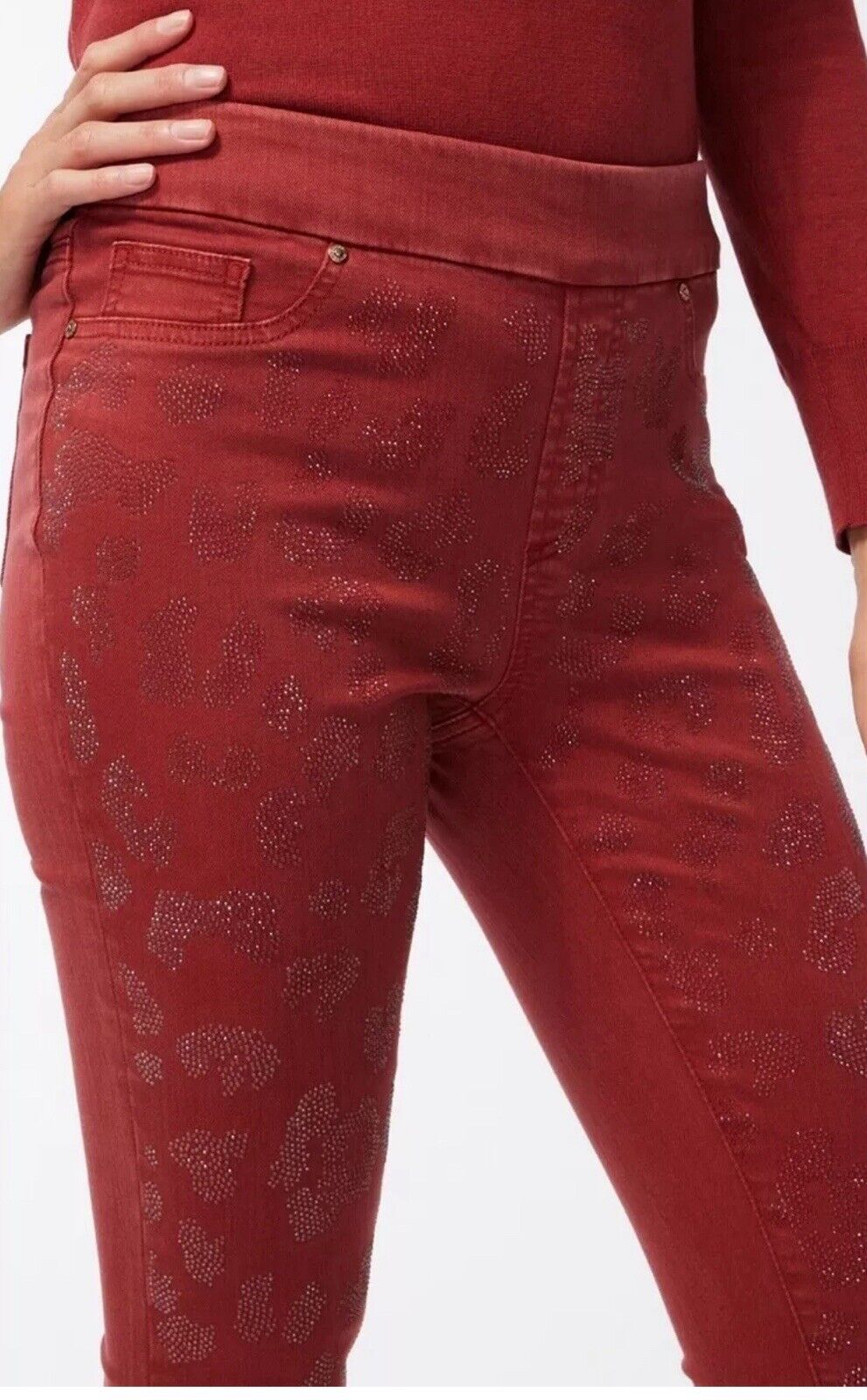 CHICO'S Women's Leopard Sparkle Jeggings smoked paprika Sz 10R. (B.81