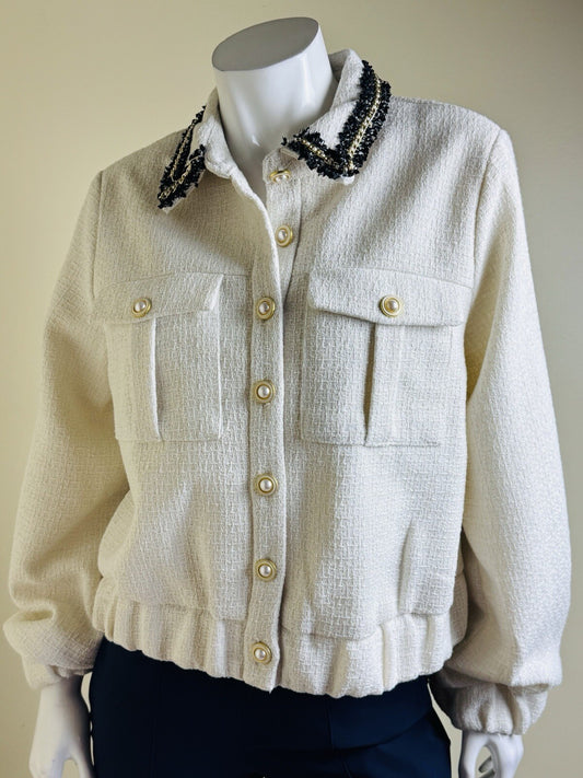 $128 NANETTE LEPORE Women’s Cream Tweed Jacket Sz L    (B.110)