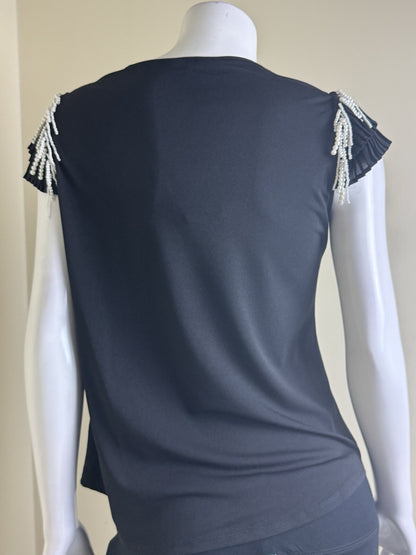 $69 Adrianna Papell Black Pearl Sleeves Blouse Sz M.   (B.143)