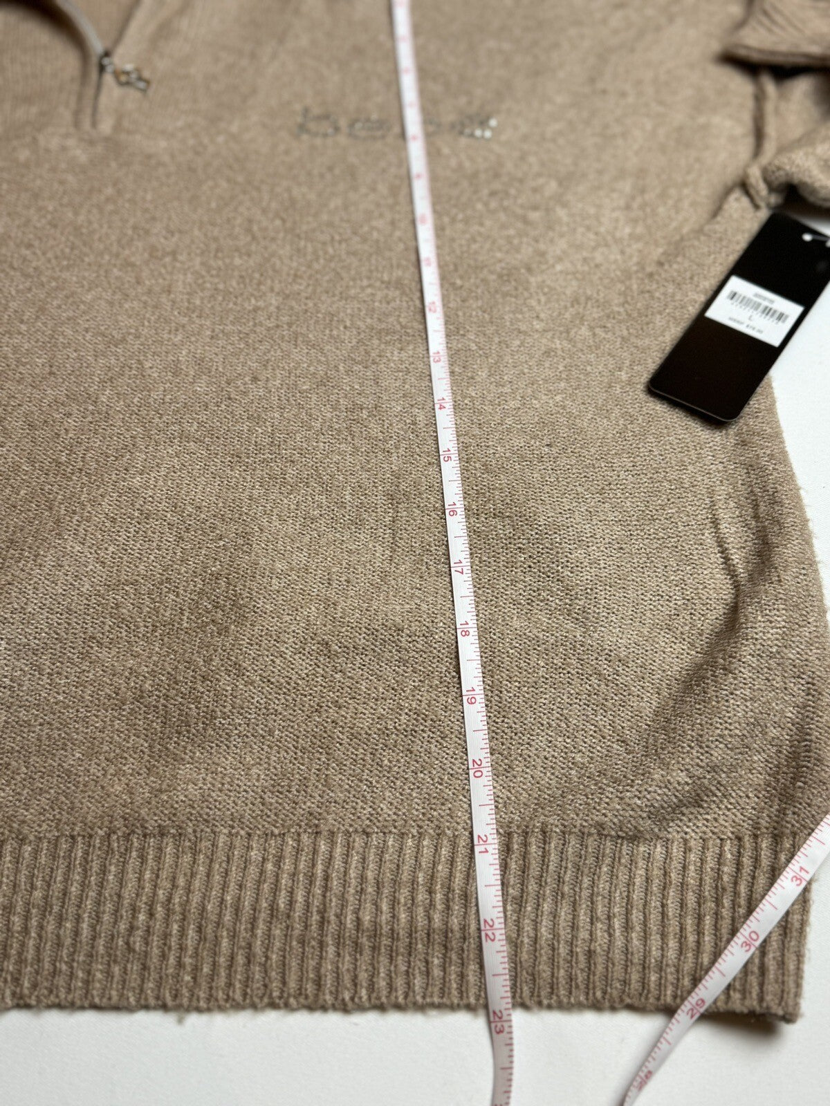 Bebe Size L Long Sleeve Fuzzy Rhinestone Logo Nude Beige Sweater (70)