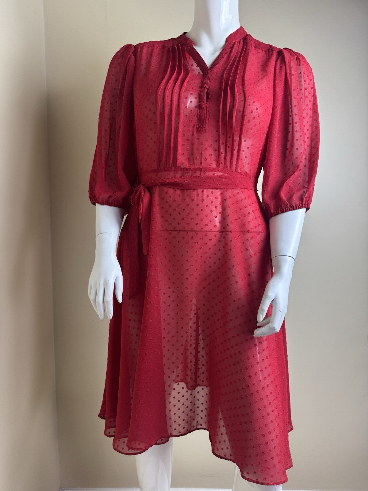 $148 NANETTE LEPORE Dotted Lace Red Dress Sz 16  (B.082)