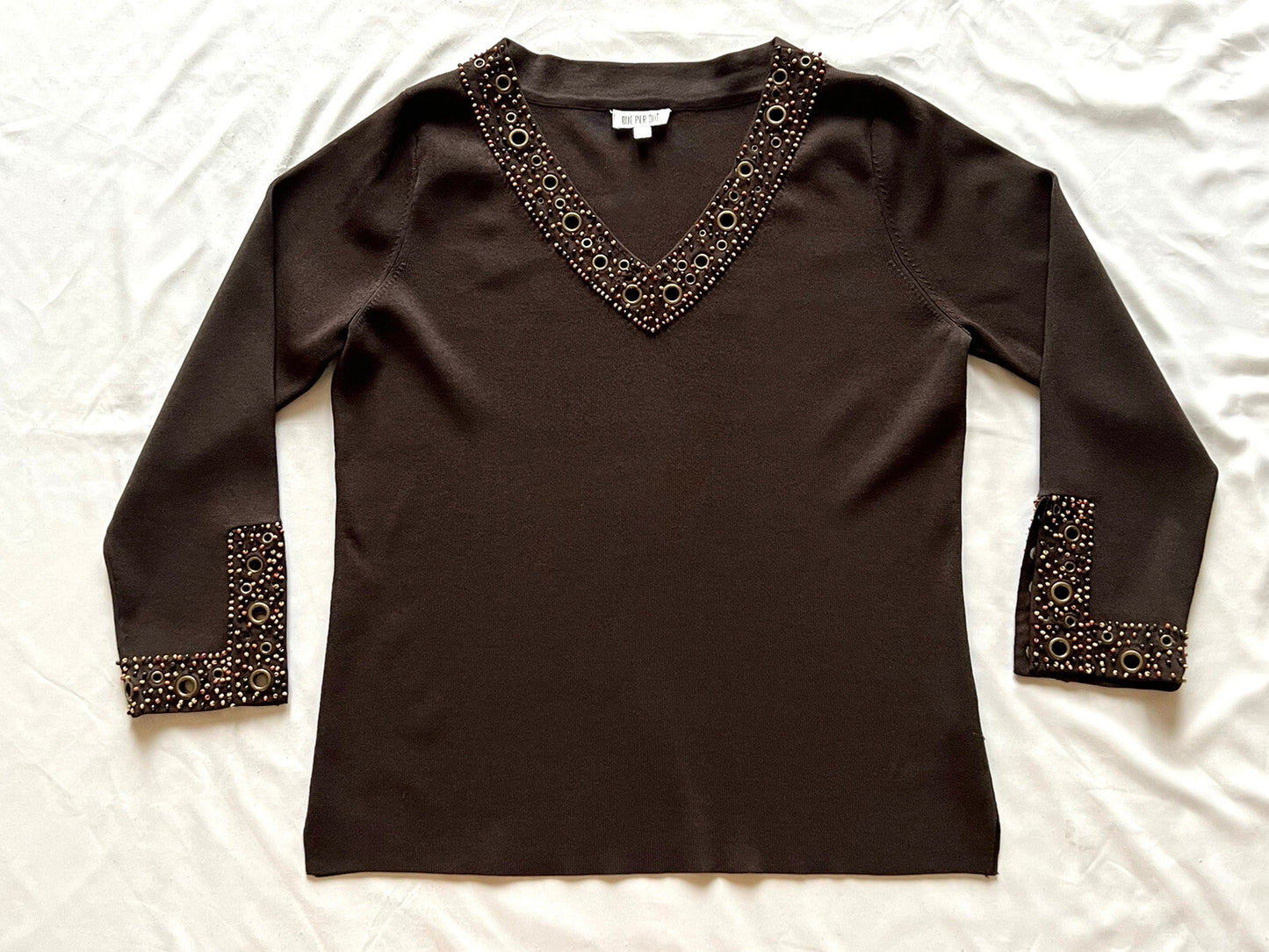 Que Per Due Women's Beads Sweater Sz L Brown Stretch
