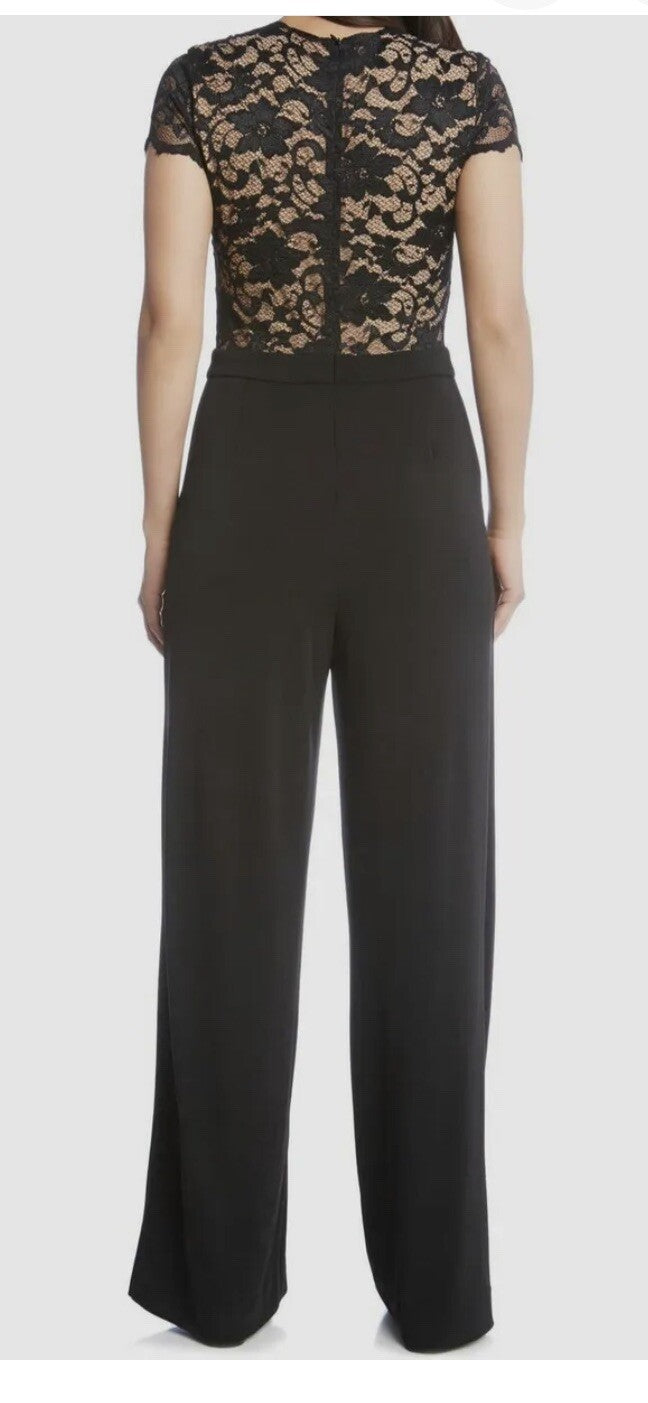 Karen Kane Women Black Stretch V-Neck Lace-Bodice Wide-Leg Jumpsuit Size S