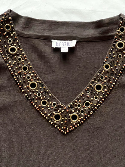 Que Per Due Women's Beads Sweater Sz L Brown Stretch