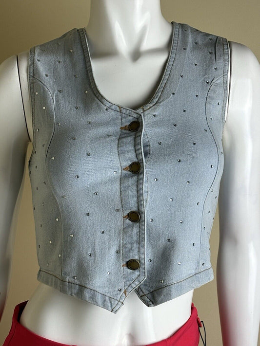 $67 bebe Women’s Rhinestone Vest Sleeveless Denim Sz S. (B.53)