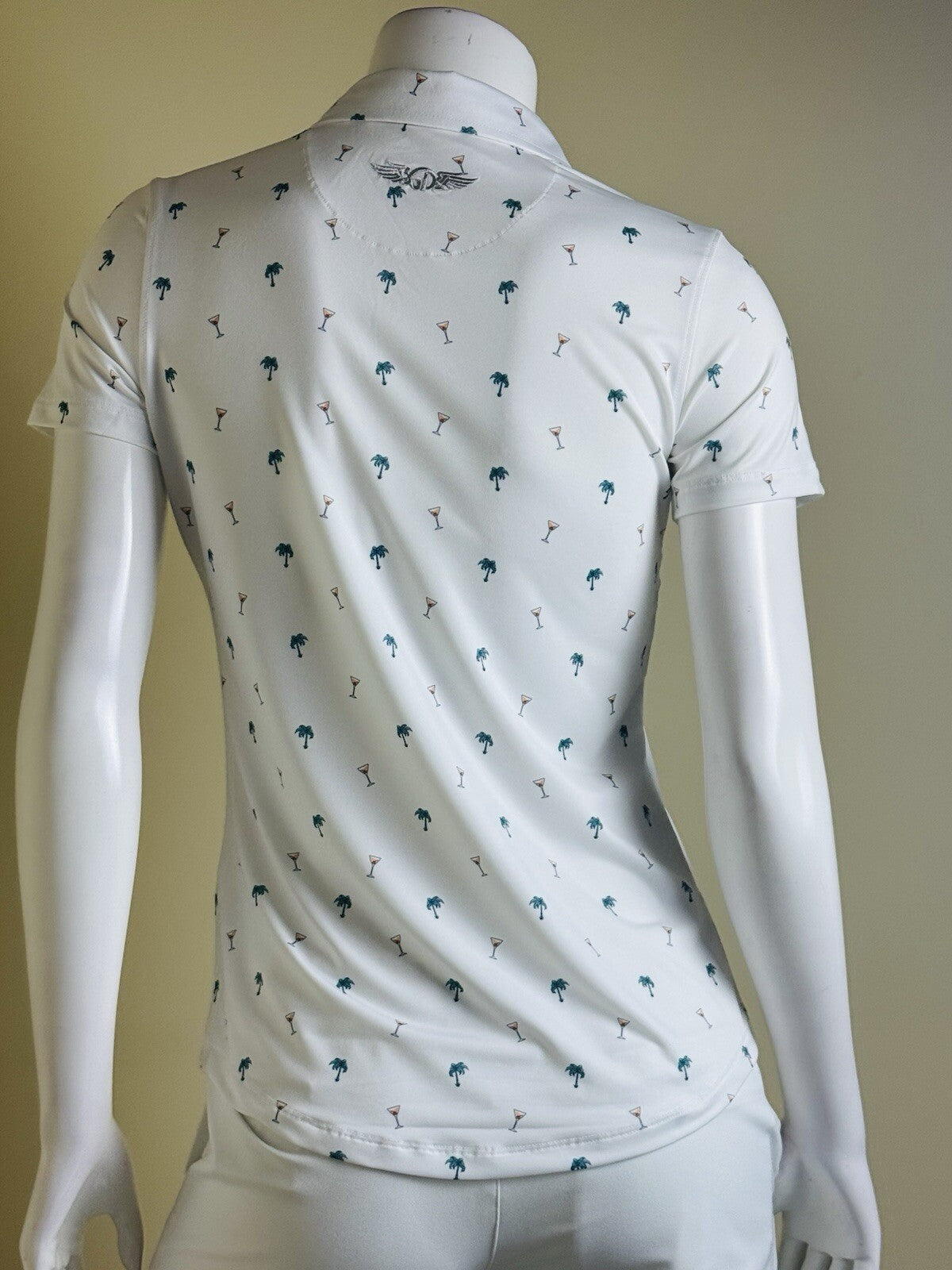 Straight Down Women's Martinis / Palms Print Golf shirt Sz S.  (B.134)