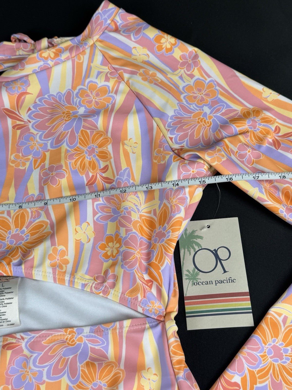 $98 Ocean Pacific Floral Long Sleeve Cut Out 1Pc Bathing Suit Sz L.    (B.184)