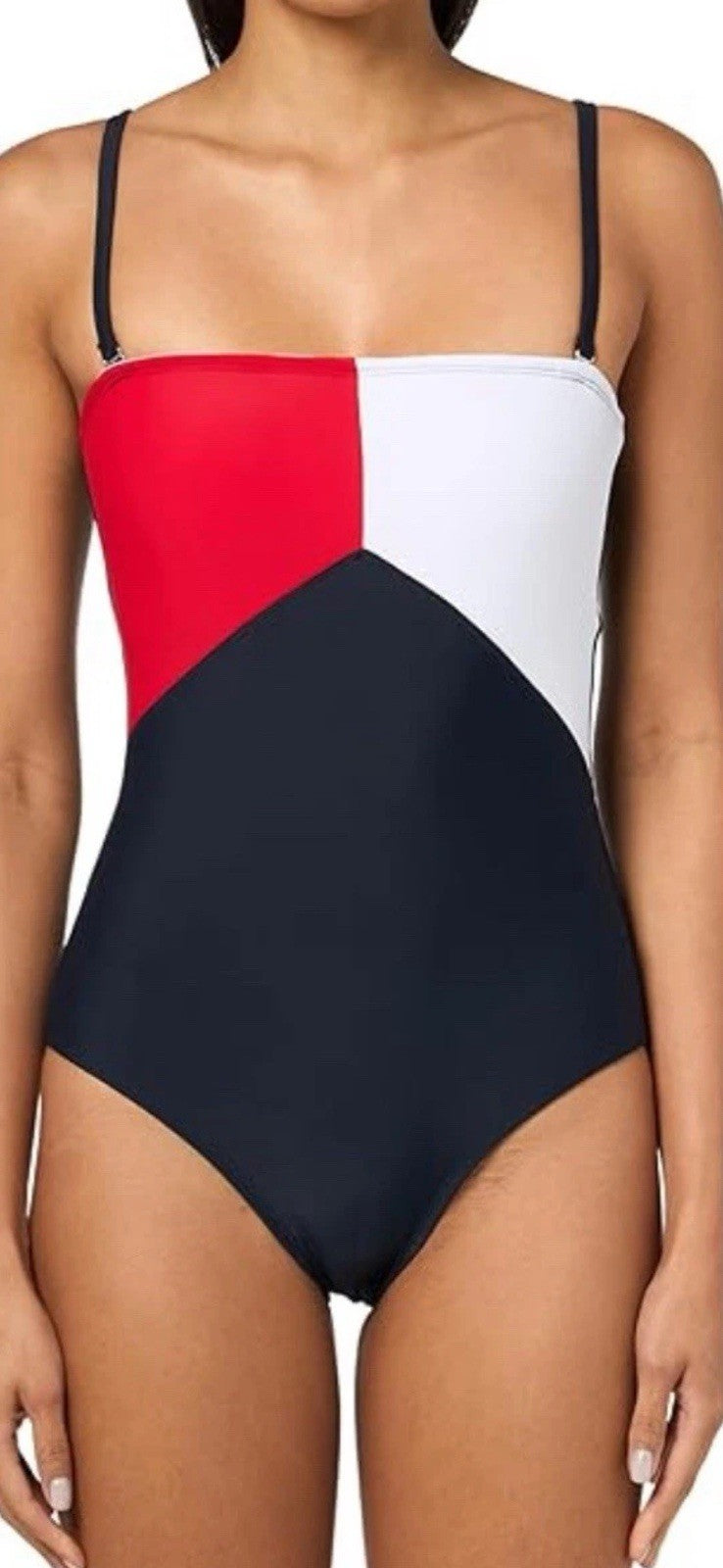 $98 Tommy Hilfiger Logo Colorblock Bandeau One-Pc Swimsuit Size XS. (B.153)