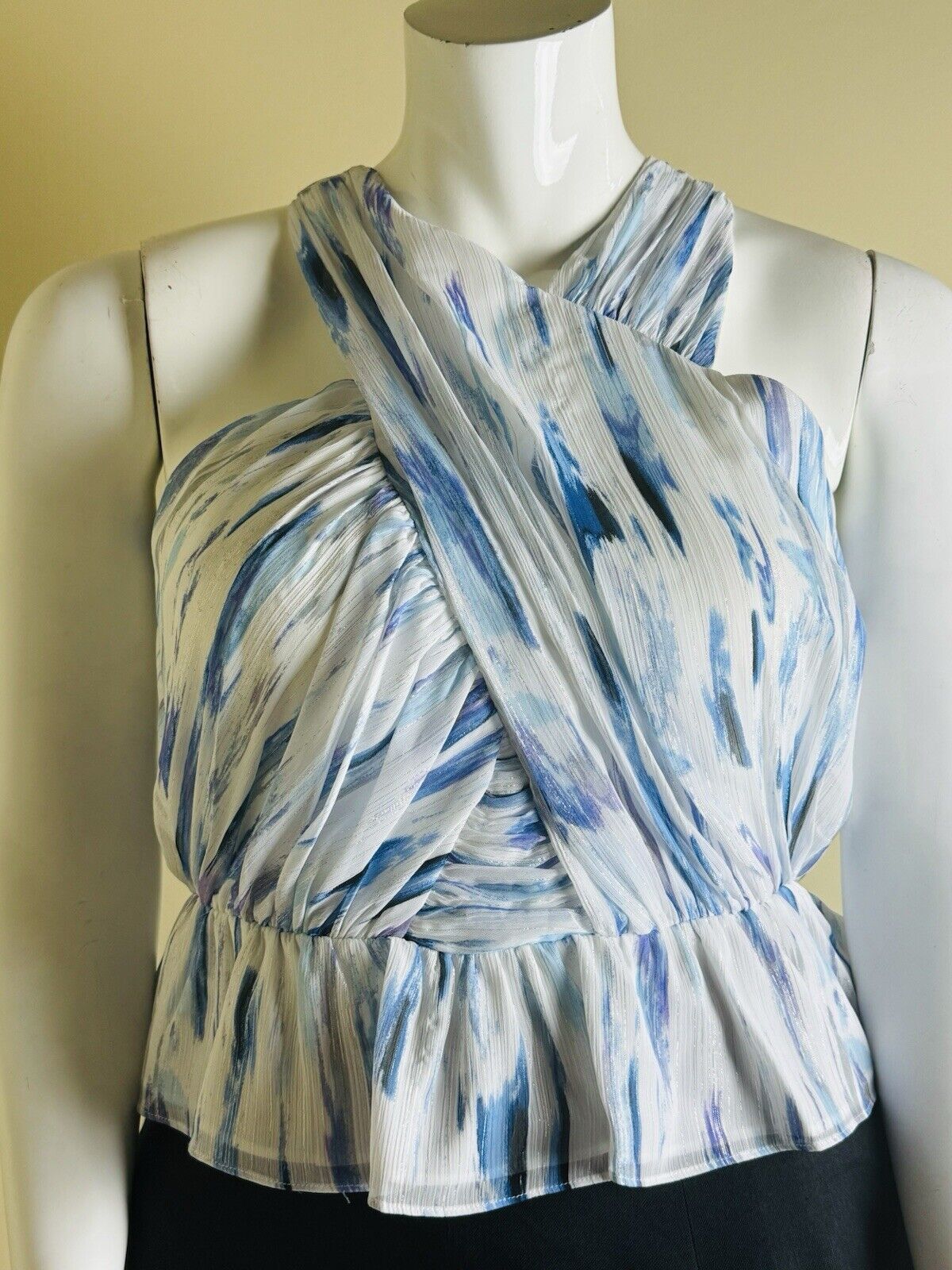 $89 DKNY Women's Blouse Blue White Top Sz L  (B.80)