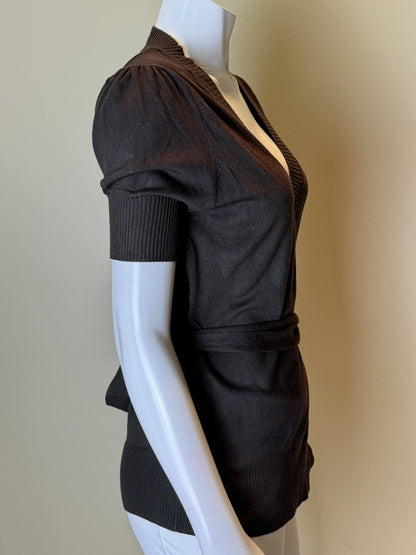 $160 Vertigo Women’s Cardigan Blouse Sz L Brown Short Sleeve.    (B.55)