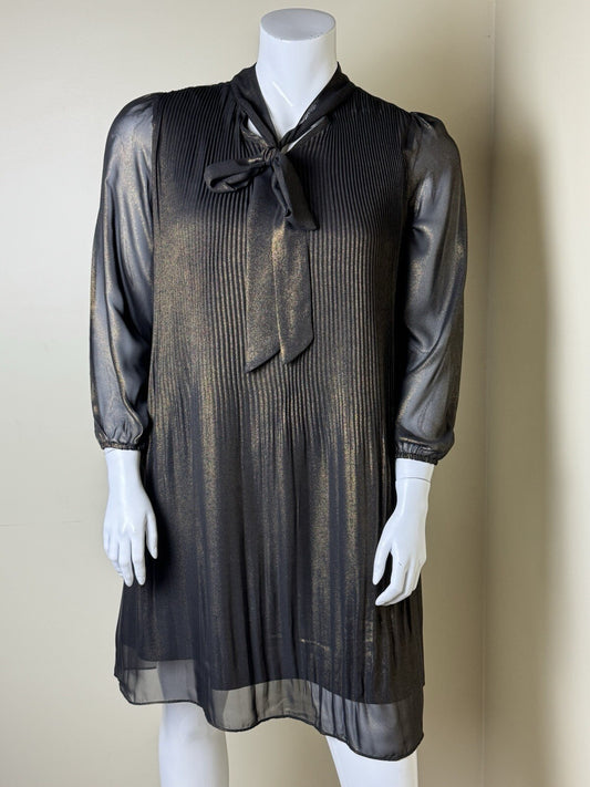 NANETTE LEPORE Pleaded Black Gold Dress Sz 10   (B.129)