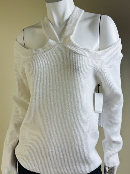 Front of 1.STATE white halter-style cold-shoulder knit sweater, size XL