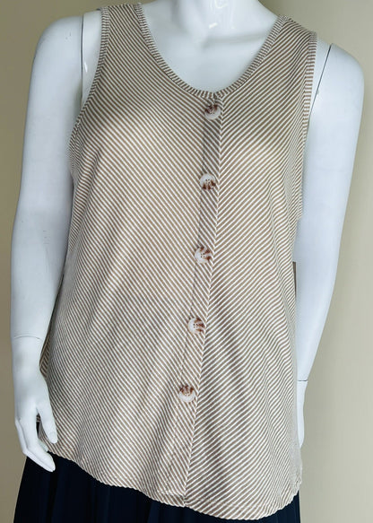 Front of French Laundry beige striped sleeveless button-front top in three-top bundle