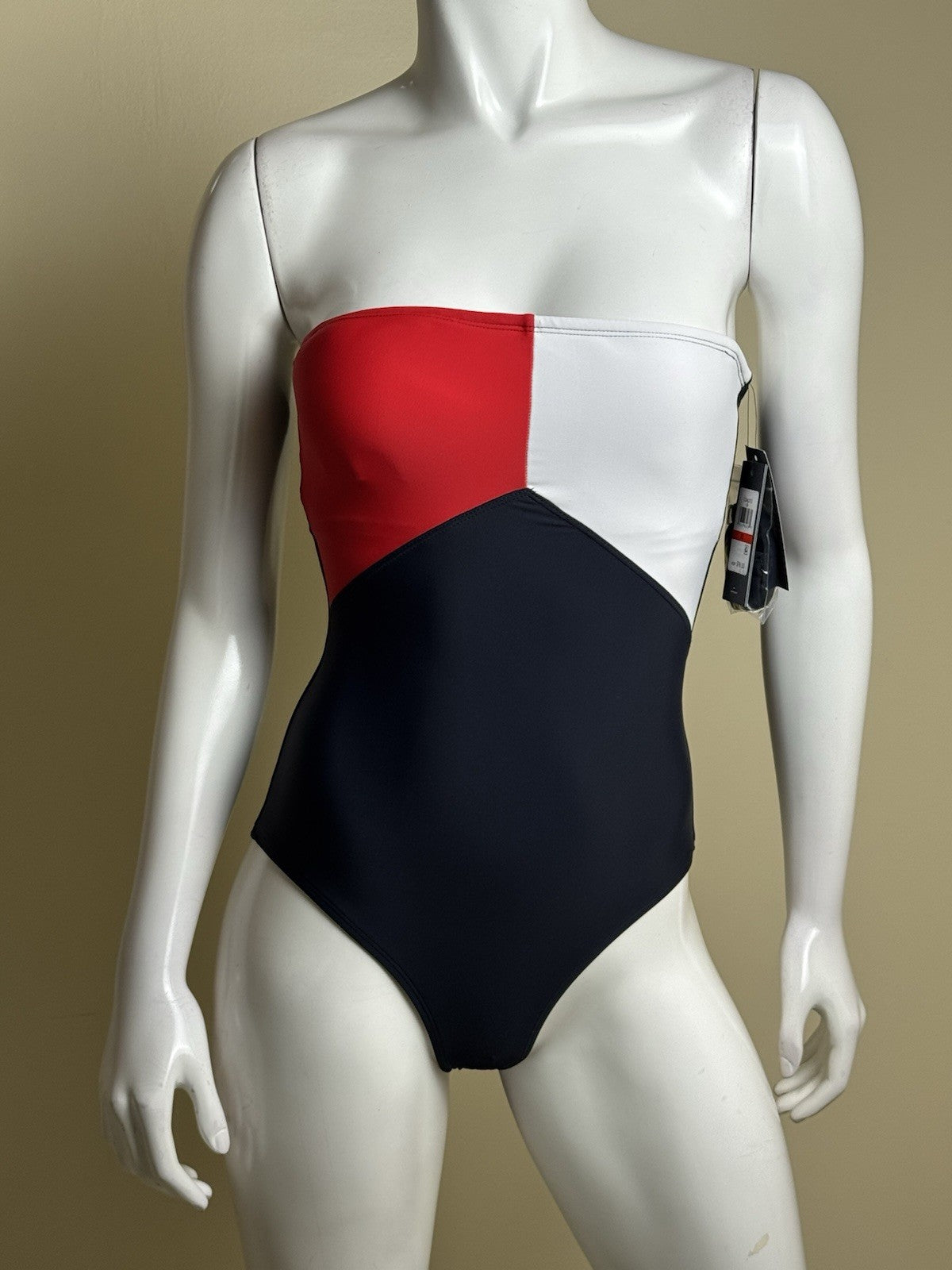 $98 Tommy Hilfiger Logo Colorblock Bandeau One-Pc Swimsuit Size XS. (B.153)