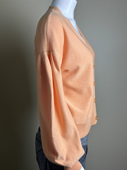 Side of 525 America Melon cardigan showing full long sleeve