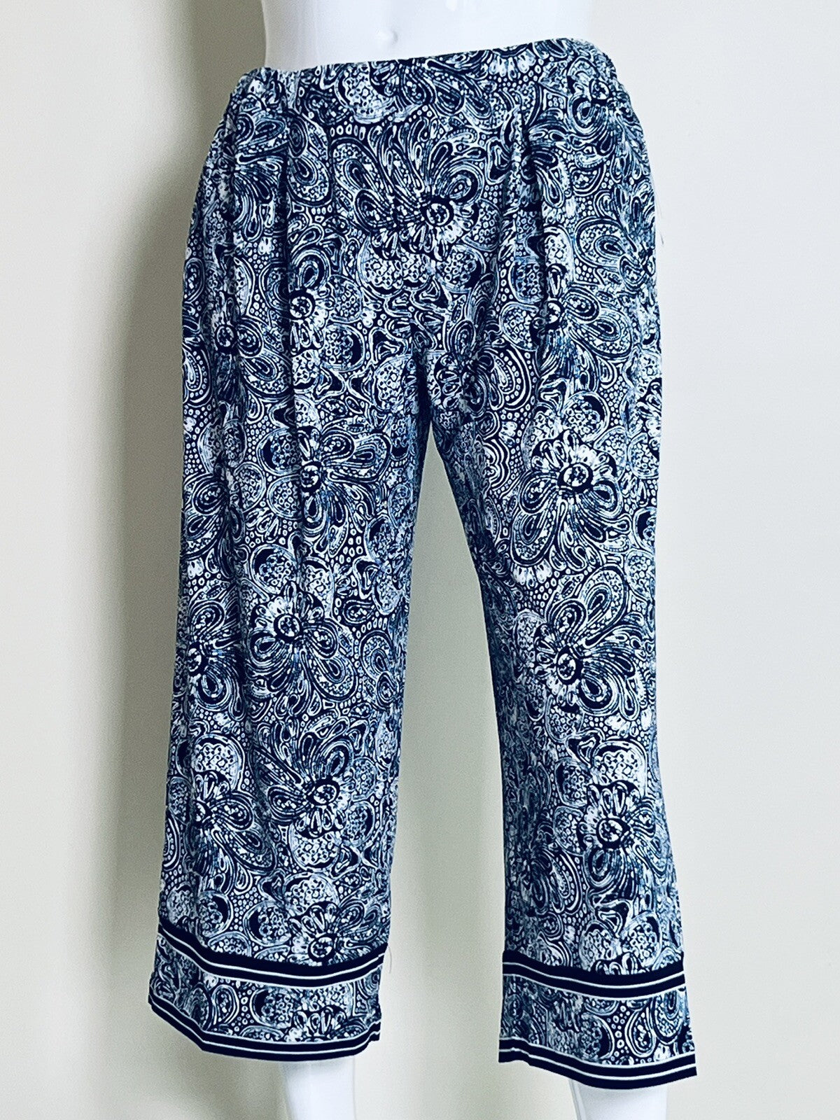$98 Michael Kors Women’s Paisley Wide Leg Trousers Navy White Sz L  (B.01)