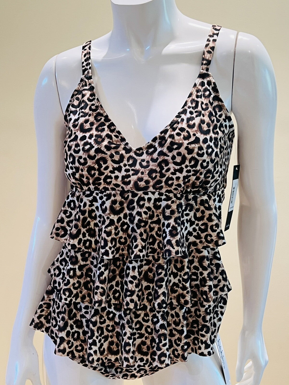 $98 Nicole Miller 2Pc Tankini Swimsuit Ruffle Tier Leopard Print Sz S