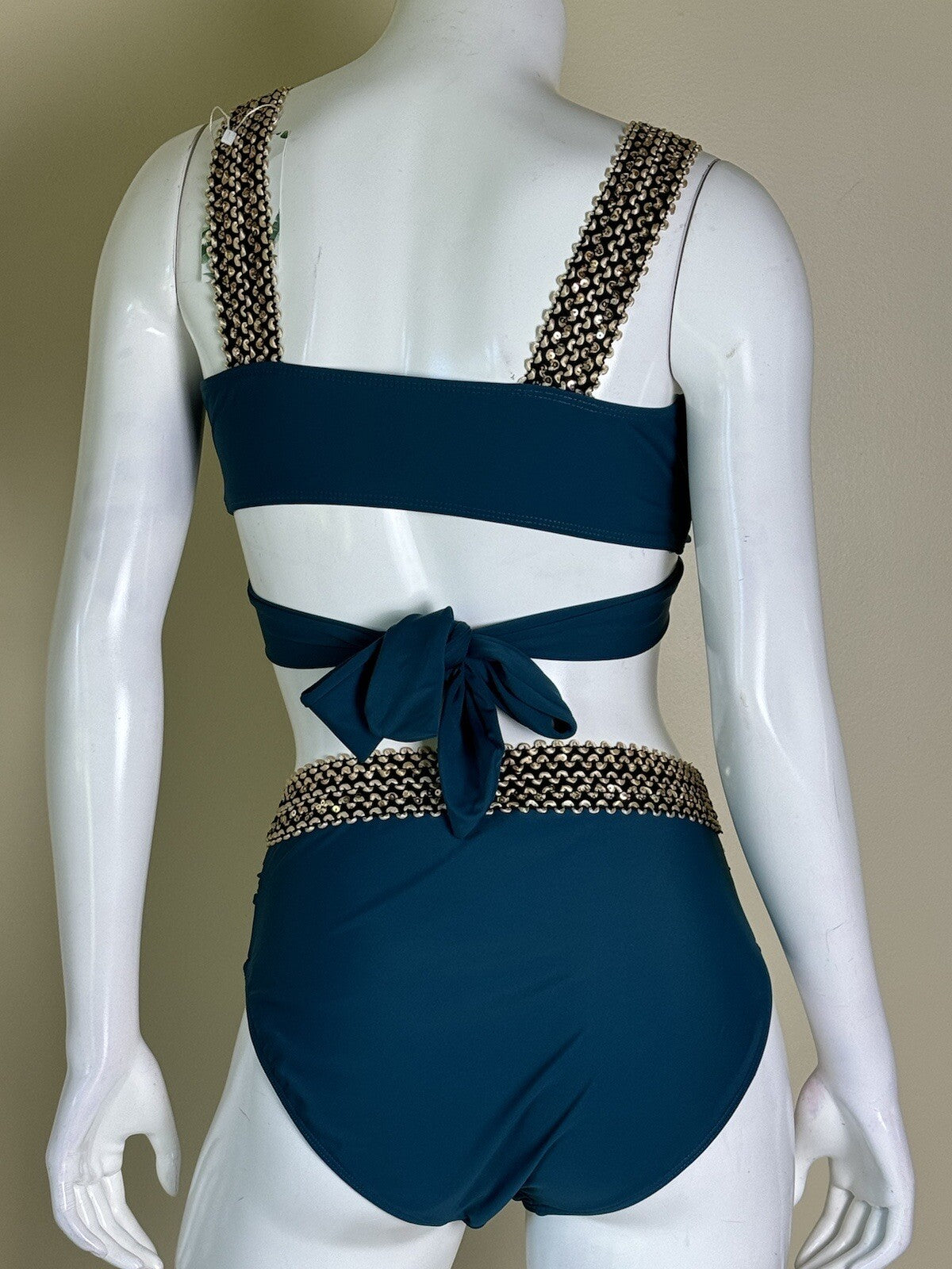 Eomenie Gold Sequins M Bikini 2Pc Swimsuit Waist Tie Tummy Control (51)