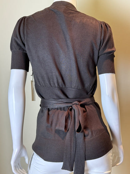 $160 Vertigo Women’s Cardigan Blouse Sz L Brown Short Sleeve.    (B.55)