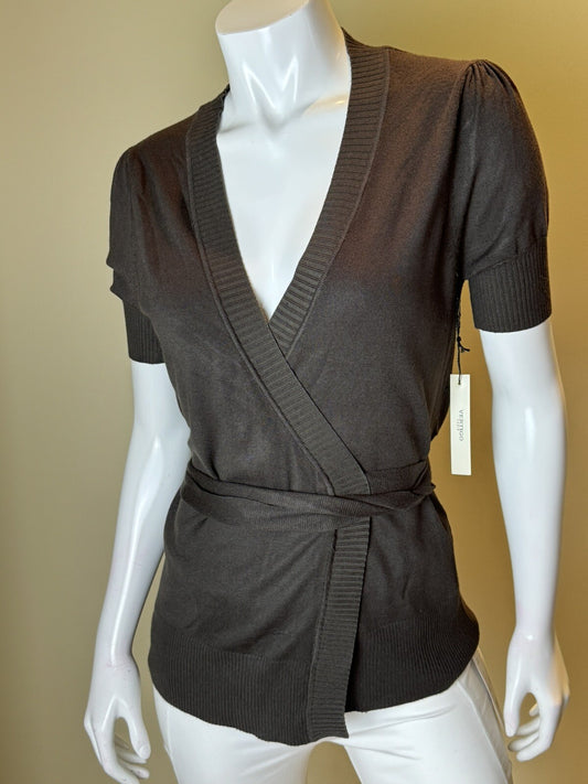 $160 Vertigo Women’s Cardigan Blouse Sz L Brown Short Sleeve.    (B.55)
