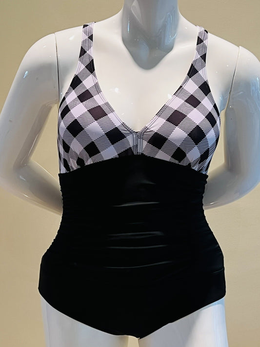 One Pc Swimsuit Black White Plaid Sz L Bathing Suit