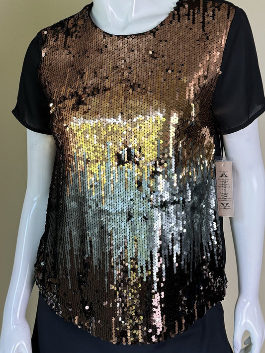 Nanette Lepore Women's Bronze Sequin Black Short Sleeve Blouse Sz S. (B.67)