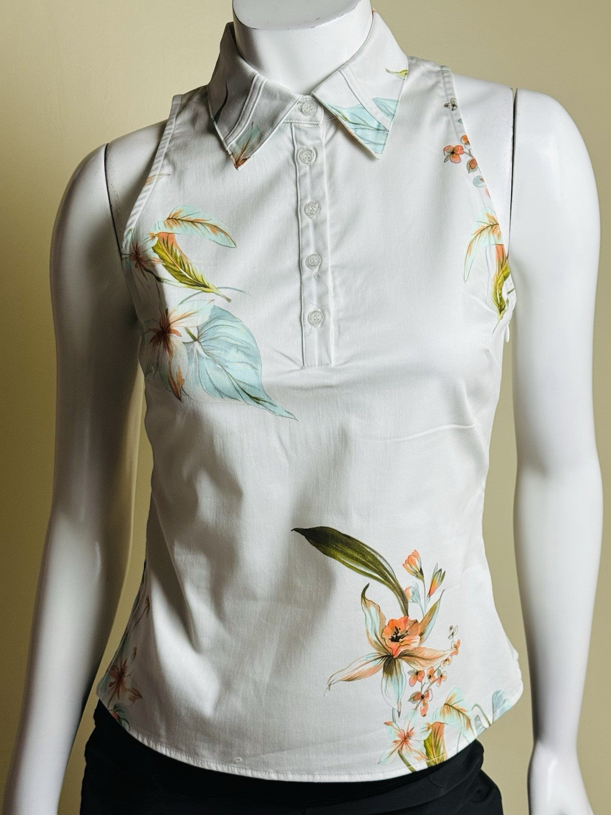 $130 Kilo Tango Women’s Golf Polo Shirt Ivory Floral Sleeveless Sz M   (B.180)