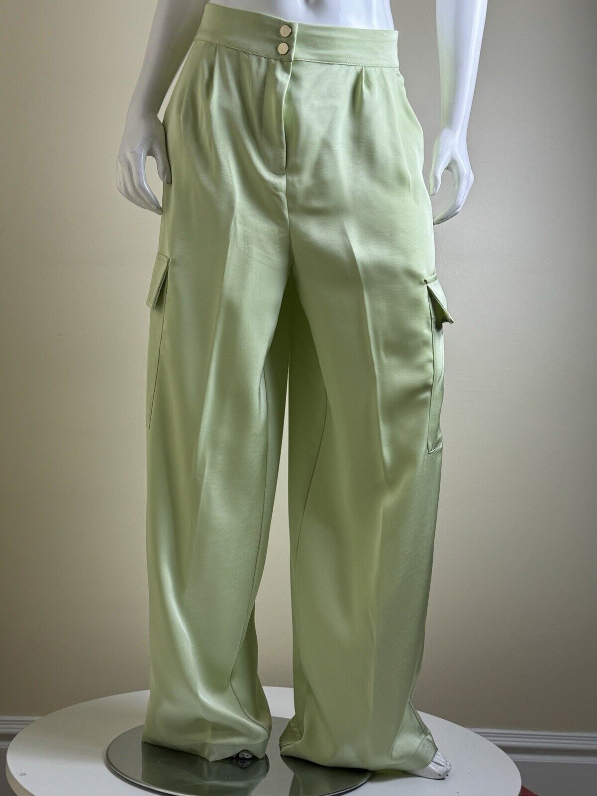 House Of Harlow SATIN Green Size M PANTS WIDE LEG POCKETS. (B.86))