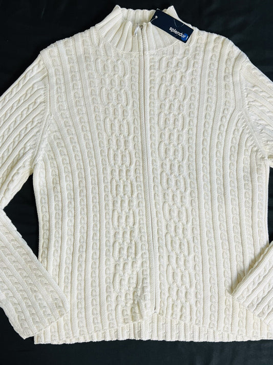 Splendor Women’s Cotton Full Zip Sweater White Sz XL