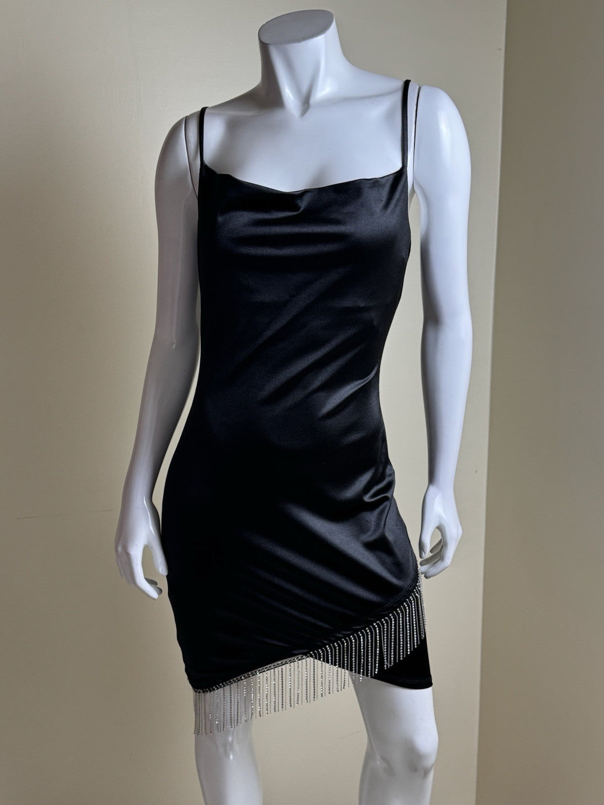 Inspired Hearts Women’s Black Satin Dress w Crystals Sz L.     (B.183)