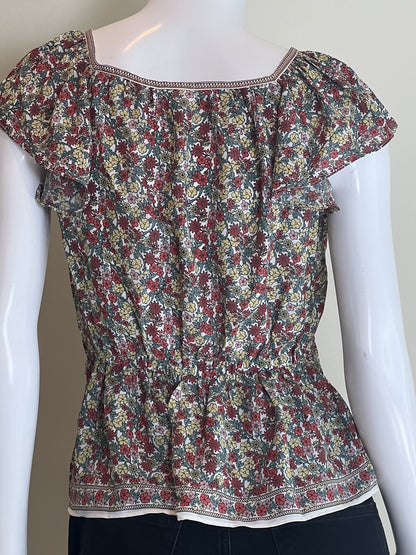 Back of Max Studio floral blouse with short flutter sleeves
