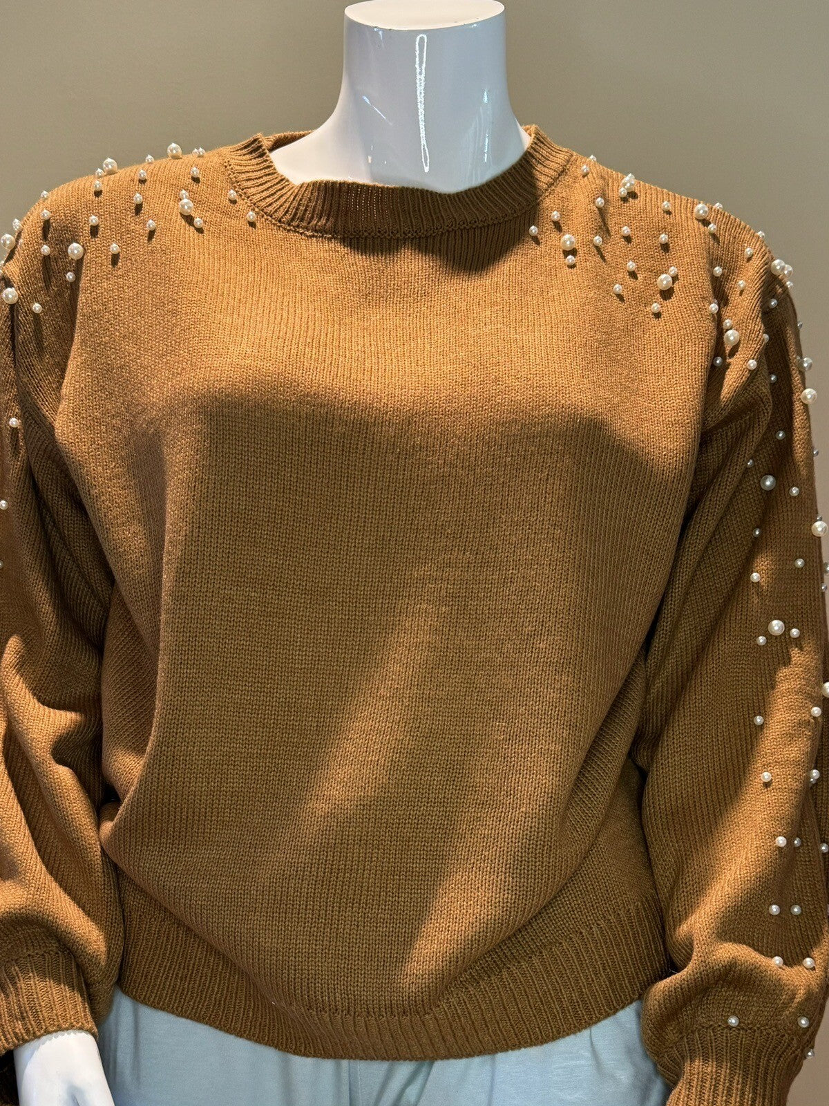 Blooming Jelly Womens Brown Pearl Beaded Long Sleeve Sweater Size L (73)