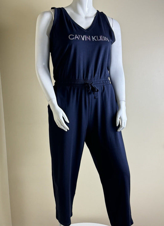 Calvin Klein Jumpsuit Pants Women's Size XL Sleeveless Logo Rhinestones