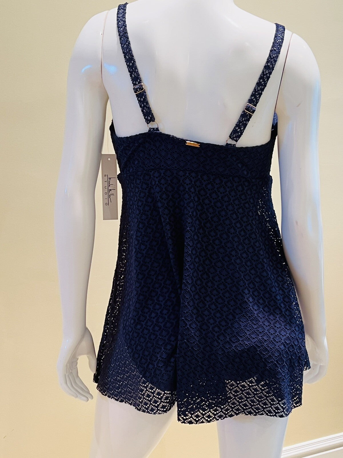 $98 Nicole Miller One Pc Swimsuit Navy Blue net Sz M swim dress Bathing suit