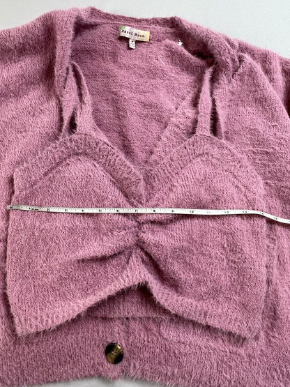 Hazel Moon Women’s 2pc Set Crop Top Cardigan Fuzzy Pink Sweater Sz M