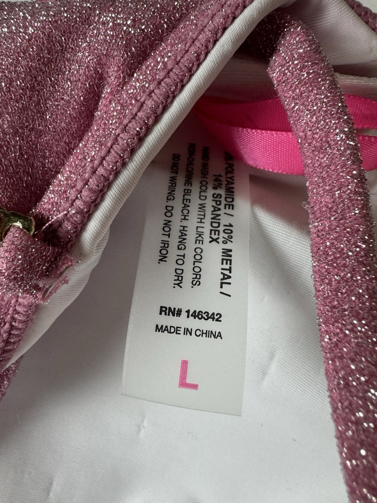 $128 BETSEY JOHNSON One Piece Pink Glittery Swimsuit Sz L. (B.150)