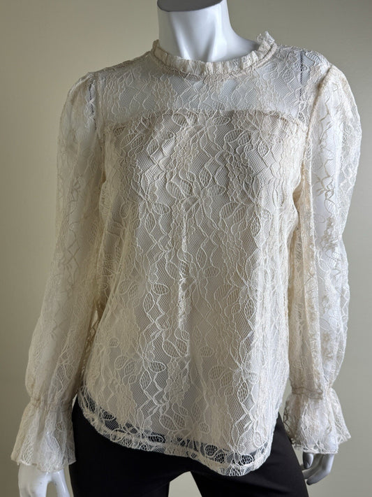 $89 Adrianna Papell Black Lace Long Sleeve Blouse Sz M.    (B.141)
