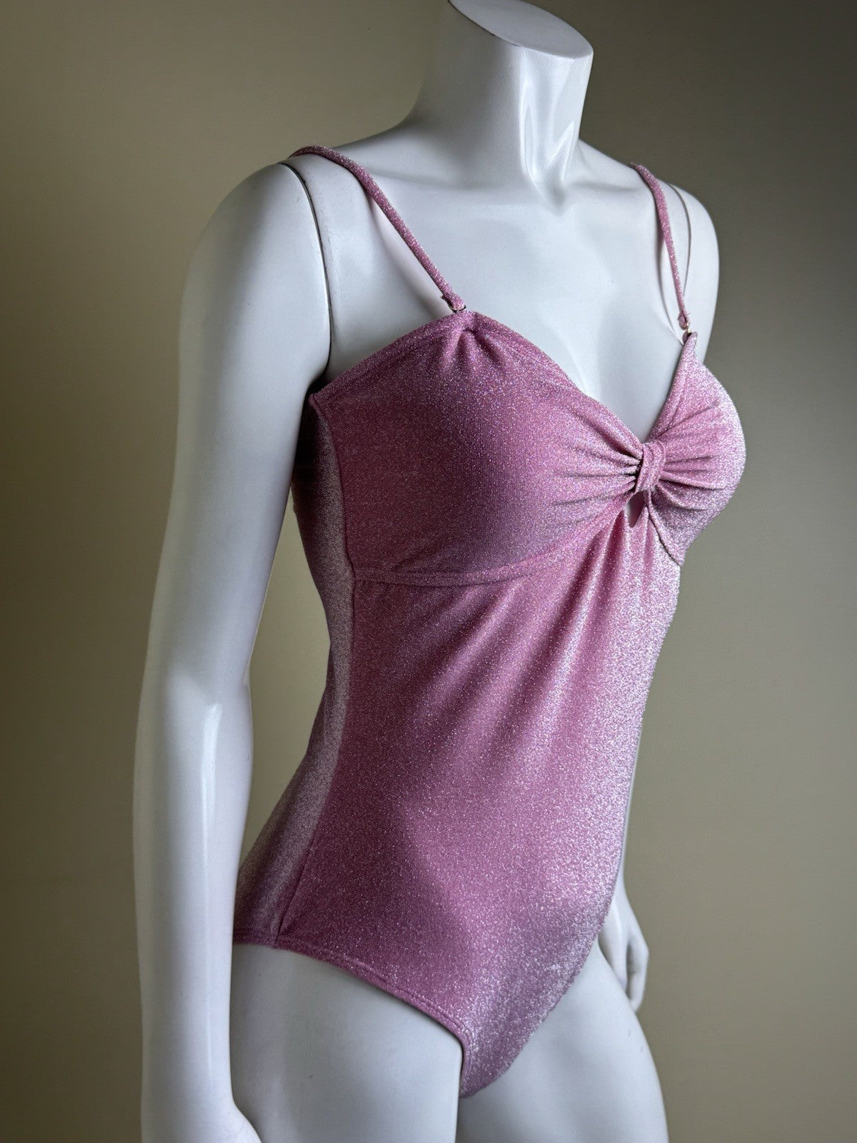 $128 BETSEY JOHNSON One Piece Pink Glittery Swimsuit Sz L. (B.150)