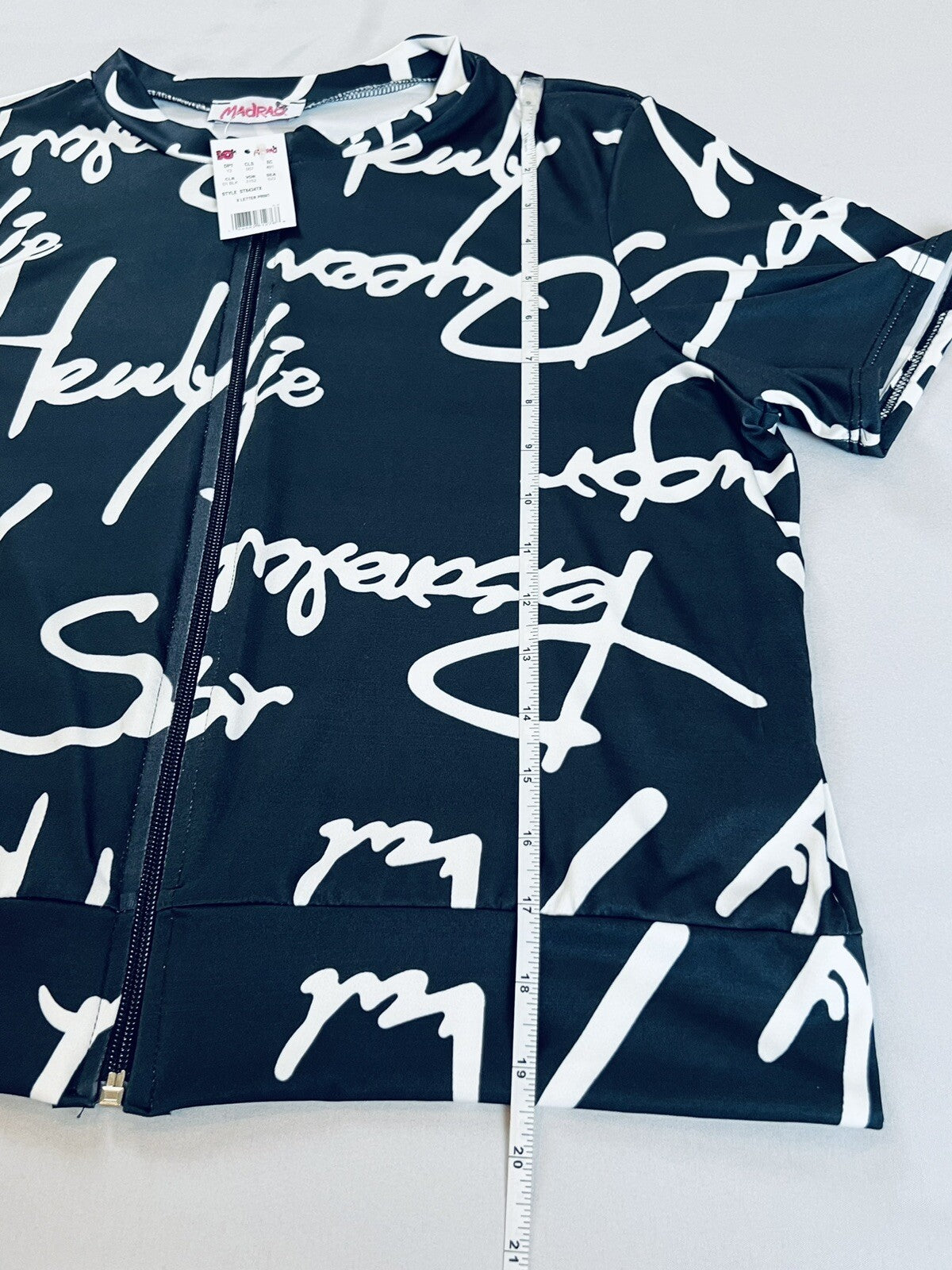 MadRag Women's 3XL Black White Letters Front Zipper Short Sleeve