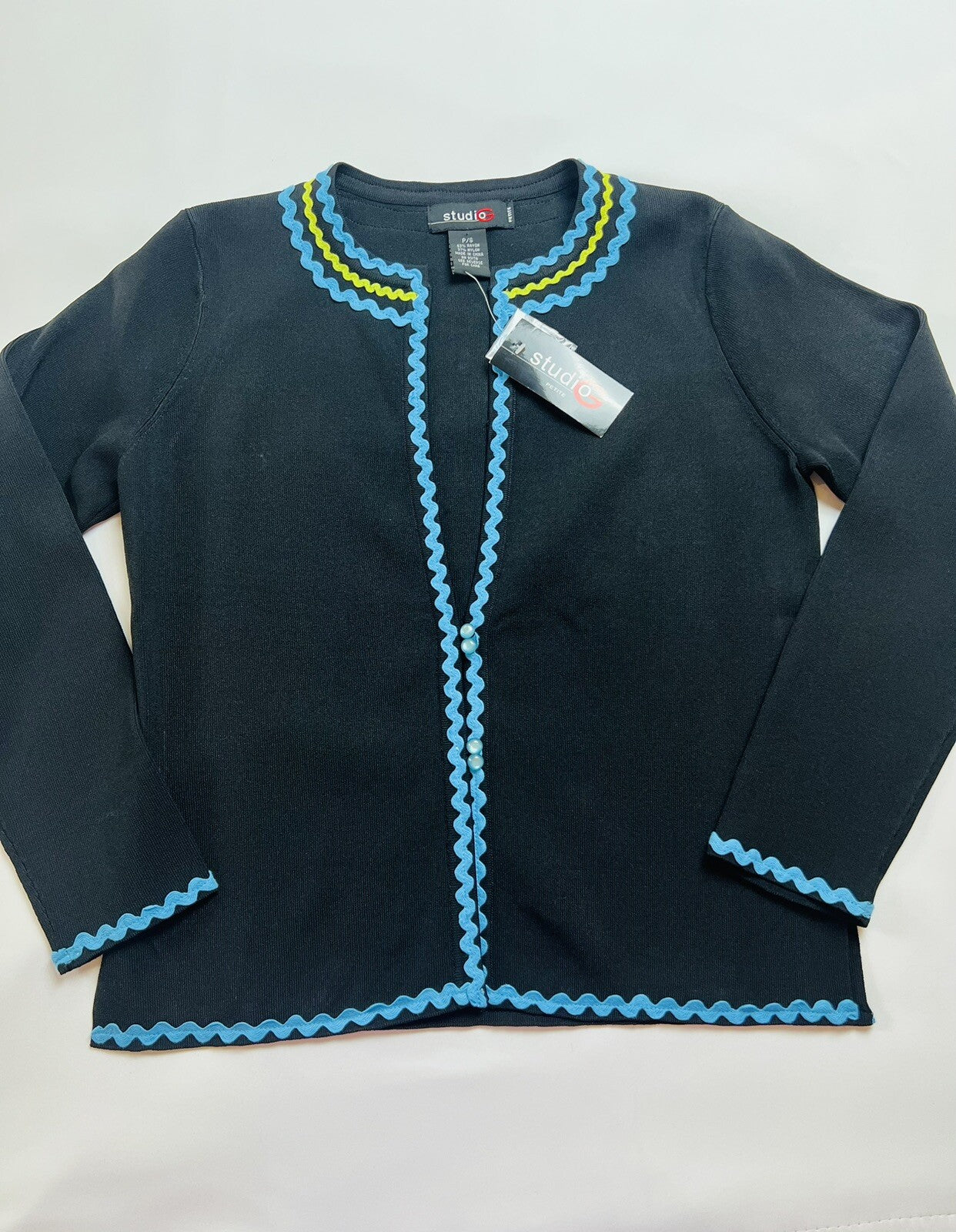 Studio G Women's Cardigan Black Blue Trim Sweater Sz Petite S Top