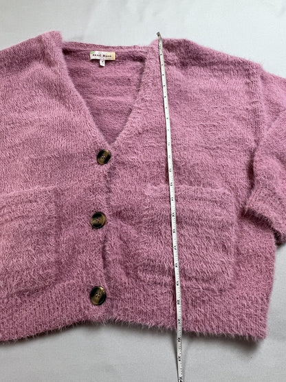 Hazel Moon Women’s 2pc Set Crop Top Cardigan Fuzzy Pink Sweater Sz M