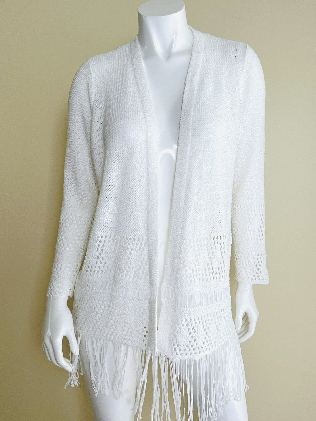 $130 Michael Kors White Crochet Fringe Open Front Cardigan Women’s Sz XS.  (B05)