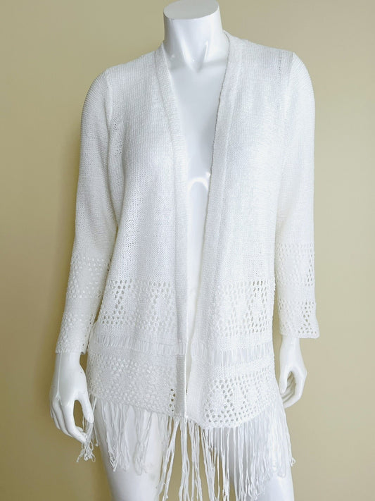 $130 Michael Kors White Crochet Fringe Open Front Cardigan Women’s Sz XS.  (B05)