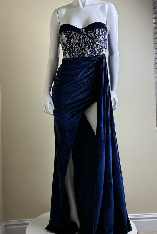 Miss Ord Strapless Velvet Mermaid Dress Royal Blue Sz L. (B.97)