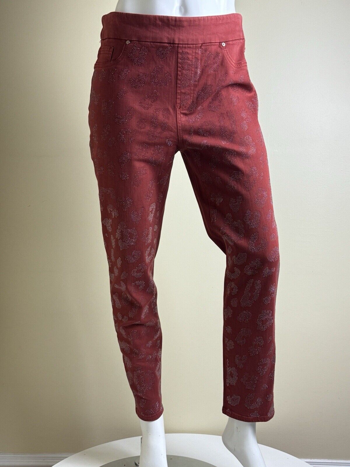 CHICO'S Women's Leopard Sparkle Jeggings smoked paprika Sz 10R. (B.81